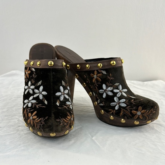 Miu Miu Italian Brown Velvet Embroidered Studded Heeled Clogs - Picture 1 of 9